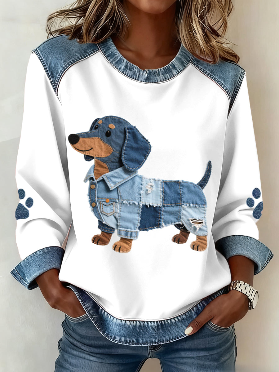 Barbara - Women’s Patchwork Sweatshirt with Denim Dachshund