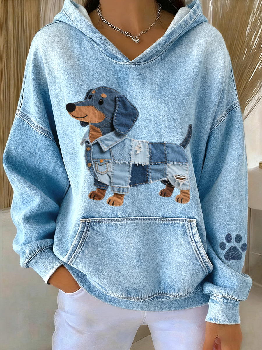 Mary - Denim Hoodie with Dachshund Patch
