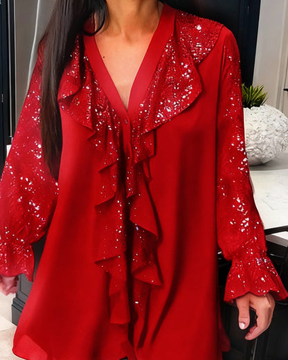 Loose Solid Color Blouses with Ruffles