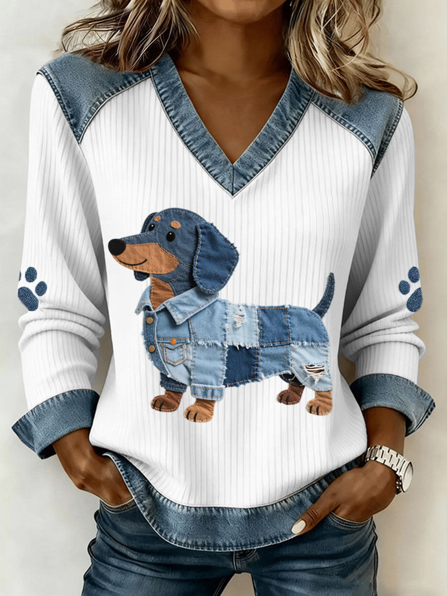 Linda - V-Neck Patchwork Sweatshirt with Dachshund Design